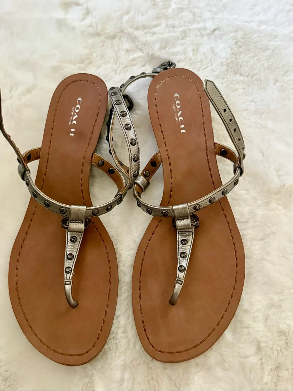 Coach Metallic Silver Studded T-Strap Sandals
